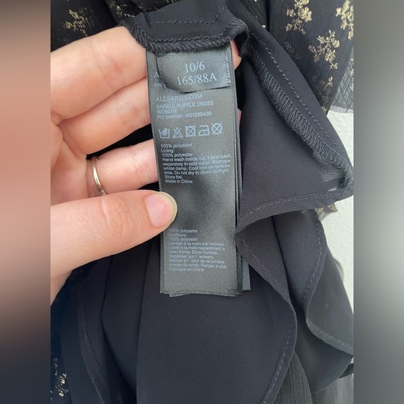 AllSaints Darell Black Gold Ruffle Dress Metallic UK 10 US 6 Babydoll Women’s - Picture 8 of 11